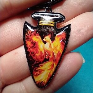 Black keychain orange phoenix flames fire bird jewelry